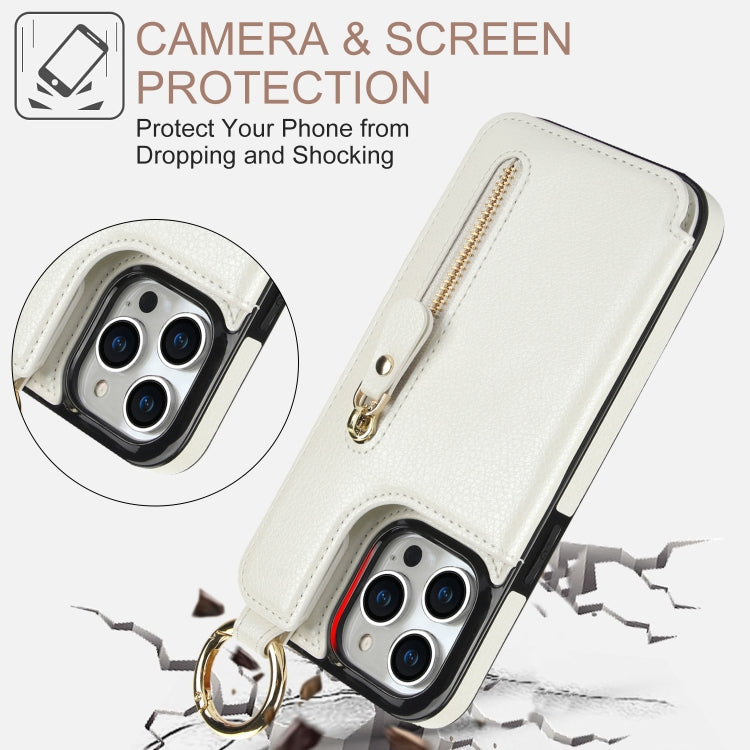 For iPhone 15 Pro Litchi Texture Zipper Double Buckle Card Bag Phone Case(White) - iPhone 15 Pro Cases by buy2fix | Online Shopping UK | buy2fix