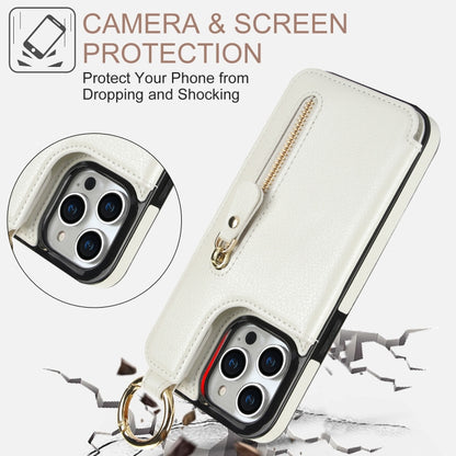 For iPhone 15 Pro Litchi Texture Zipper Double Buckle Card Bag Phone Case(White) - iPhone 15 Pro Cases by buy2fix | Online Shopping UK | buy2fix