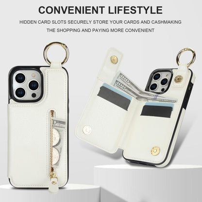 For iPhone 15 Pro Litchi Texture Zipper Double Buckle Card Bag Phone Case(White) - iPhone 15 Pro Cases by buy2fix | Online Shopping UK | buy2fix