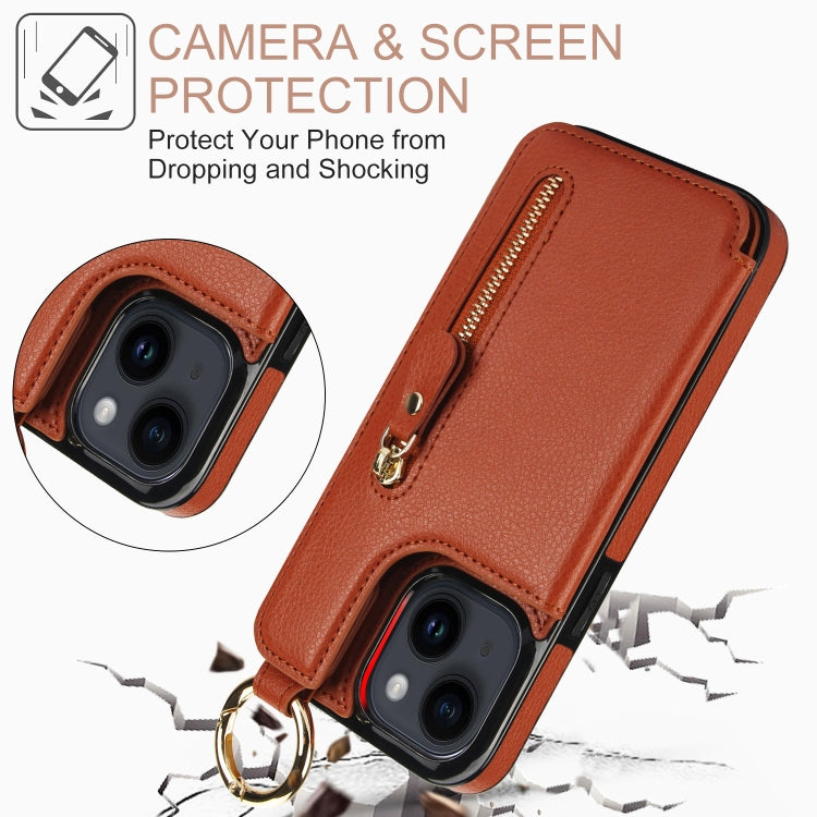 For iPhone 14 Plus Litchi Texture Zipper Double Buckle Card Bag Phone Case(Brown) - iPhone 14 Plus Cases by buy2fix | Online Shopping UK | buy2fix