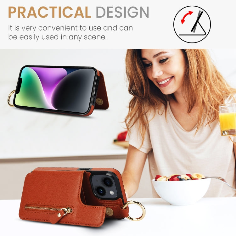 For iPhone 14 Plus Litchi Texture Zipper Double Buckle Card Bag Phone Case(Brown) - iPhone 14 Plus Cases by buy2fix | Online Shopping UK | buy2fix