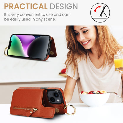 For iPhone 14 Plus Litchi Texture Zipper Double Buckle Card Bag Phone Case(Brown) - iPhone 14 Plus Cases by buy2fix | Online Shopping UK | buy2fix