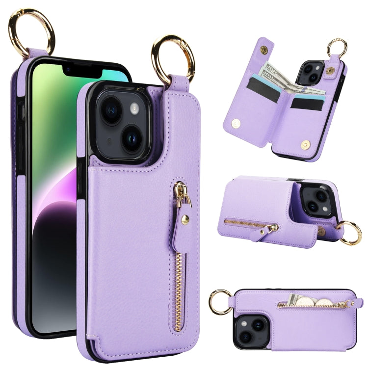 For iPhone 14 Plus Litchi Texture Zipper Double Buckle Card Bag Phone Case(Purple) - iPhone 14 Plus Cases by buy2fix | Online Shopping UK | buy2fix