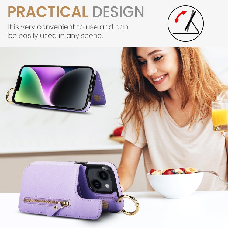 For iPhone 14 Plus Litchi Texture Zipper Double Buckle Card Bag Phone Case(Purple) - iPhone 14 Plus Cases by buy2fix | Online Shopping UK | buy2fix