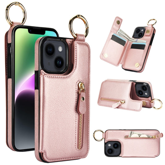 For iPhone 14 Plus Litchi Texture Zipper Double Buckle Card Bag Phone Case(Rose Gold) - iPhone 14 Plus Cases by buy2fix | Online Shopping UK | buy2fix