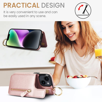 For iPhone 14 Plus Litchi Texture Zipper Double Buckle Card Bag Phone Case(Rose Gold) - iPhone 14 Plus Cases by buy2fix | Online Shopping UK | buy2fix