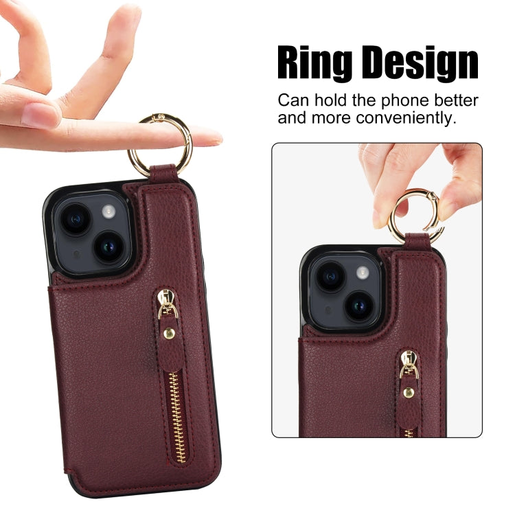 For iPhone 14 Plus Litchi Texture Zipper Double Buckle Card Bag Phone Case(Maroon Red) - iPhone 14 Plus Cases by buy2fix | Online Shopping UK | buy2fix
