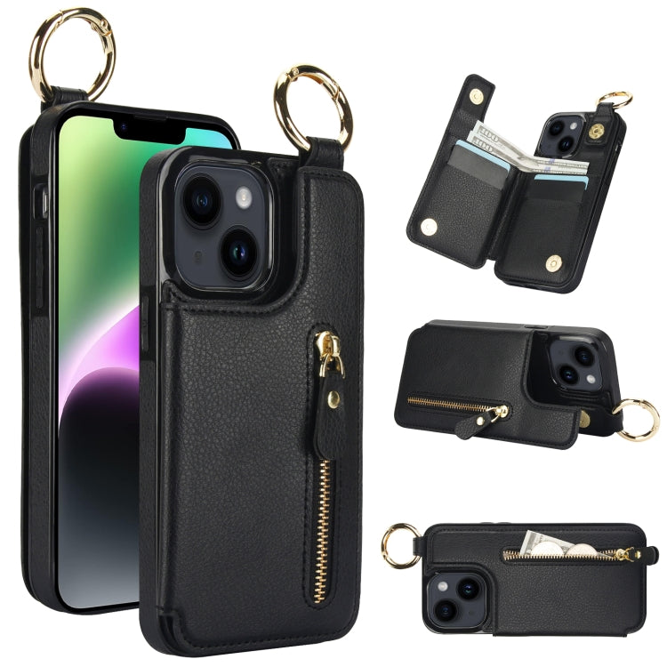 For iPhone 14 Plus Litchi Texture Zipper Double Buckle Card Bag Phone Case(Black) - iPhone 14 Plus Cases by buy2fix | Online Shopping UK | buy2fix