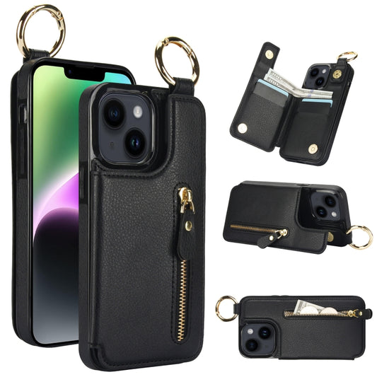 For iPhone 14 Plus Litchi Texture Zipper Double Buckle Card Bag Phone Case(Black) - iPhone 14 Plus Cases by buy2fix | Online Shopping UK | buy2fix