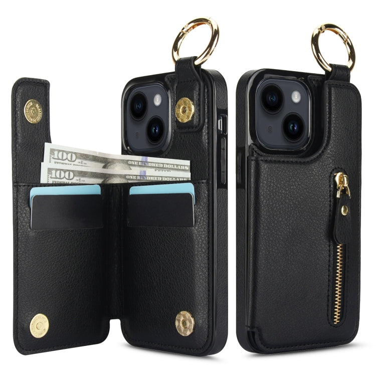 For iPhone 14 Plus Litchi Texture Zipper Double Buckle Card Bag Phone Case(Black) - iPhone 14 Plus Cases by buy2fix | Online Shopping UK | buy2fix