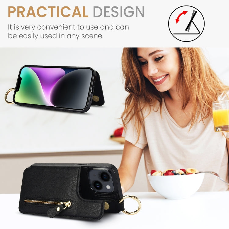 For iPhone 14 Plus Litchi Texture Zipper Double Buckle Card Bag Phone Case(Black) - iPhone 14 Plus Cases by buy2fix | Online Shopping UK | buy2fix