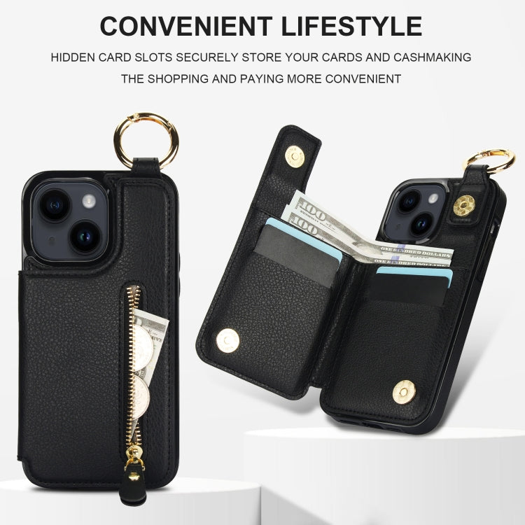 For iPhone 14 Plus Litchi Texture Zipper Double Buckle Card Bag Phone Case(Black) - iPhone 14 Plus Cases by buy2fix | Online Shopping UK | buy2fix