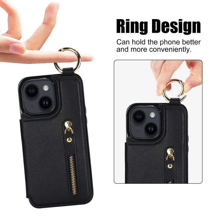 For iPhone 14 Plus Litchi Texture Zipper Double Buckle Card Bag Phone Case(Black) - iPhone 14 Plus Cases by buy2fix | Online Shopping UK | buy2fix