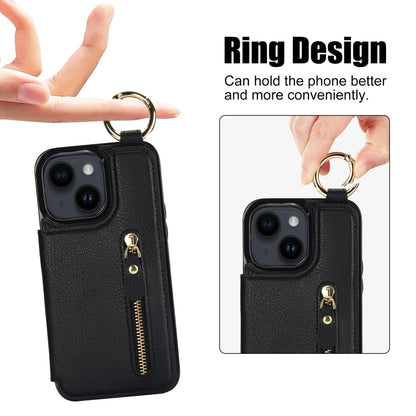 For iPhone 14 Plus Litchi Texture Zipper Double Buckle Card Bag Phone Case(Black) - iPhone 14 Plus Cases by buy2fix | Online Shopping UK | buy2fix