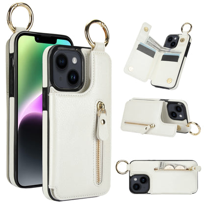 For iPhone 14 Plus Litchi Texture Zipper Double Buckle Card Bag Phone Case(White) - iPhone 14 Plus Cases by buy2fix | Online Shopping UK | buy2fix