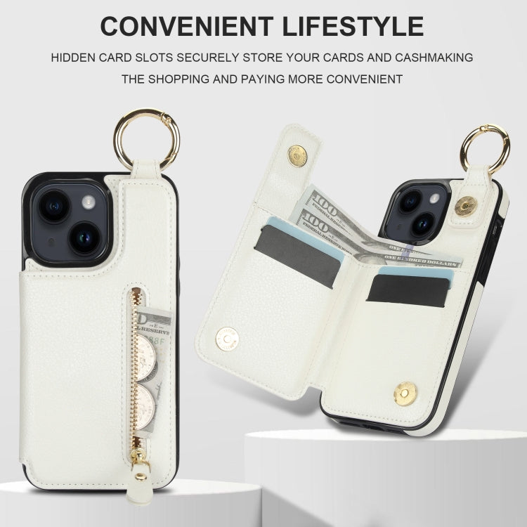 For iPhone 14 Plus Litchi Texture Zipper Double Buckle Card Bag Phone Case(White) - iPhone 14 Plus Cases by buy2fix | Online Shopping UK | buy2fix