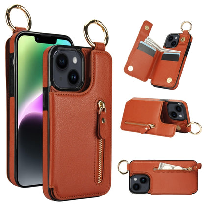 For iPhone 14 Litchi Texture Zipper Double Buckle Card Bag Phone Case(Brown) - iPhone 14 Cases by buy2fix | Online Shopping UK | buy2fix