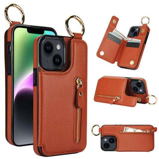For iPhone 14 Litchi Texture Zipper Double Buckle Card Bag Phone Case(Brown) - iPhone 14 Cases by buy2fix | Online Shopping UK | buy2fix