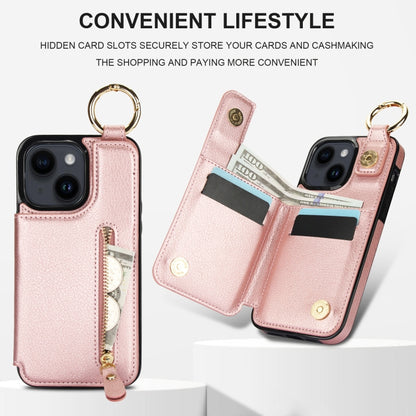 For iPhone 14 Litchi Texture Zipper Double Buckle Card Bag Phone Case(Rose Gold) - iPhone 14 Cases by buy2fix | Online Shopping UK | buy2fix
