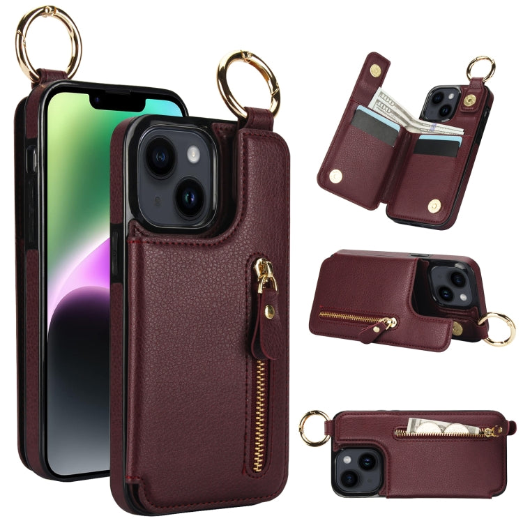 For iPhone 14 Litchi Texture Zipper Double Buckle Card Bag Phone Case(Maroon Red) - iPhone 14 Cases by buy2fix | Online Shopping UK | buy2fix