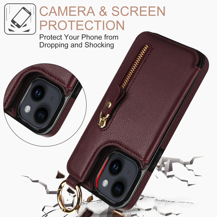 For iPhone 14 Litchi Texture Zipper Double Buckle Card Bag Phone Case(Maroon Red) - iPhone 14 Cases by buy2fix | Online Shopping UK | buy2fix