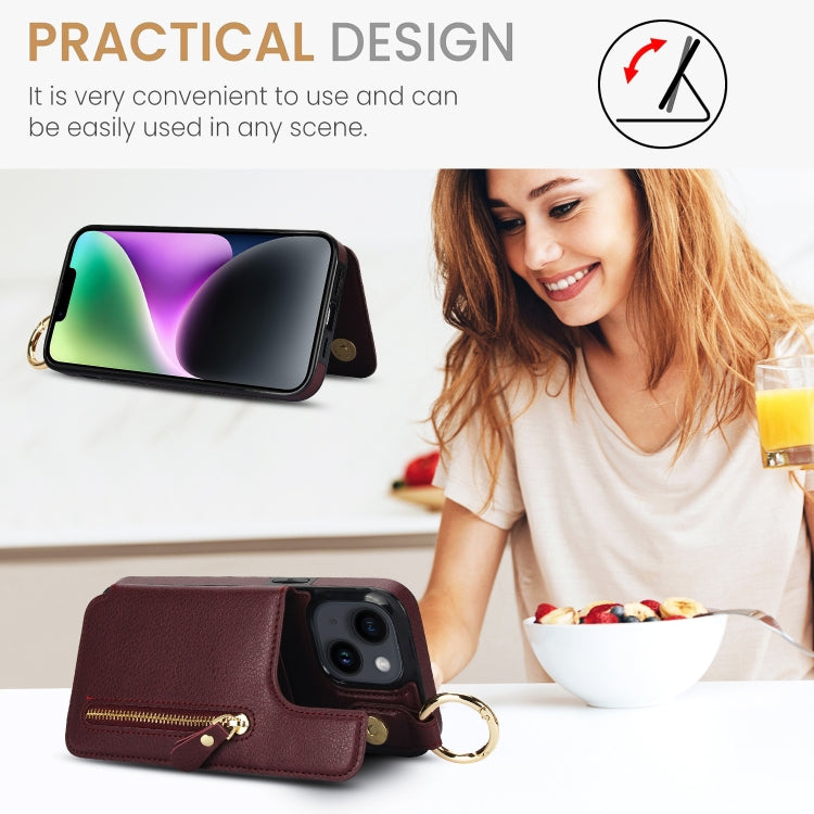 For iPhone 14 Litchi Texture Zipper Double Buckle Card Bag Phone Case(Maroon Red) - iPhone 14 Cases by buy2fix | Online Shopping UK | buy2fix