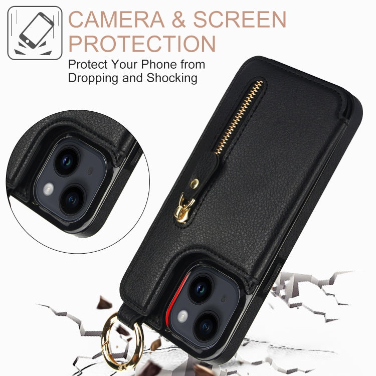 For iPhone 14 Litchi Texture Zipper Double Buckle Card Bag Phone Case(Black) - iPhone 14 Cases by buy2fix | Online Shopping UK | buy2fix