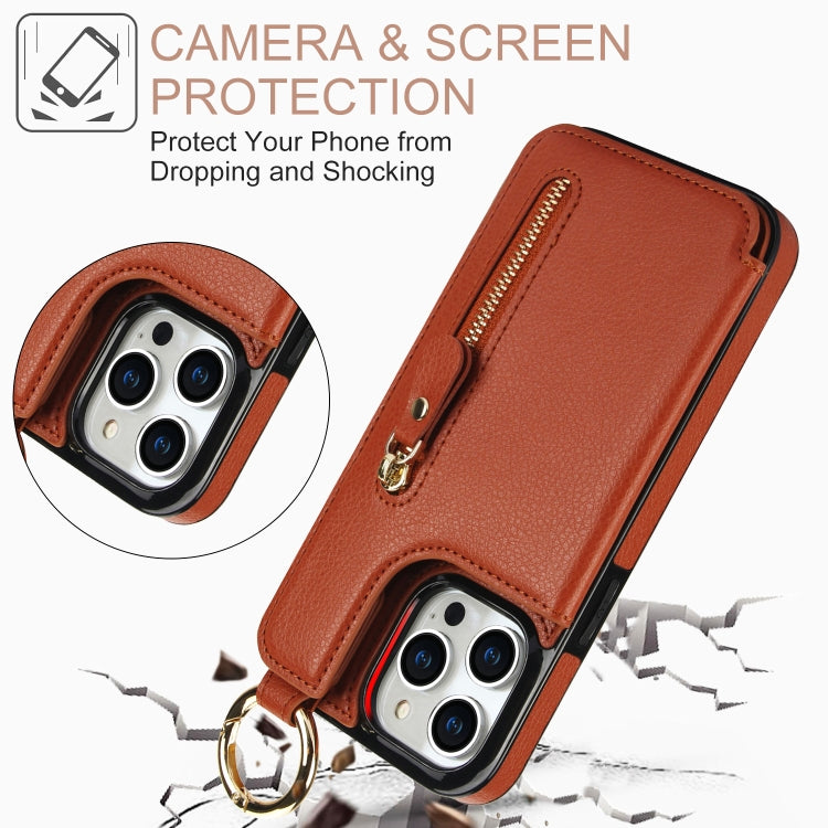 For iPhone 14 Pro Litchi Texture Zipper Double Buckle Card Bag Phone Case(Brown) - iPhone 14 Pro Cases by buy2fix | Online Shopping UK | buy2fix