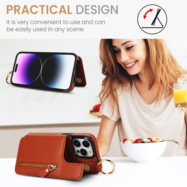 For iPhone 14 Pro Litchi Texture Zipper Double Buckle Card Bag Phone Case(Brown) - iPhone 14 Pro Cases by buy2fix | Online Shopping UK | buy2fix