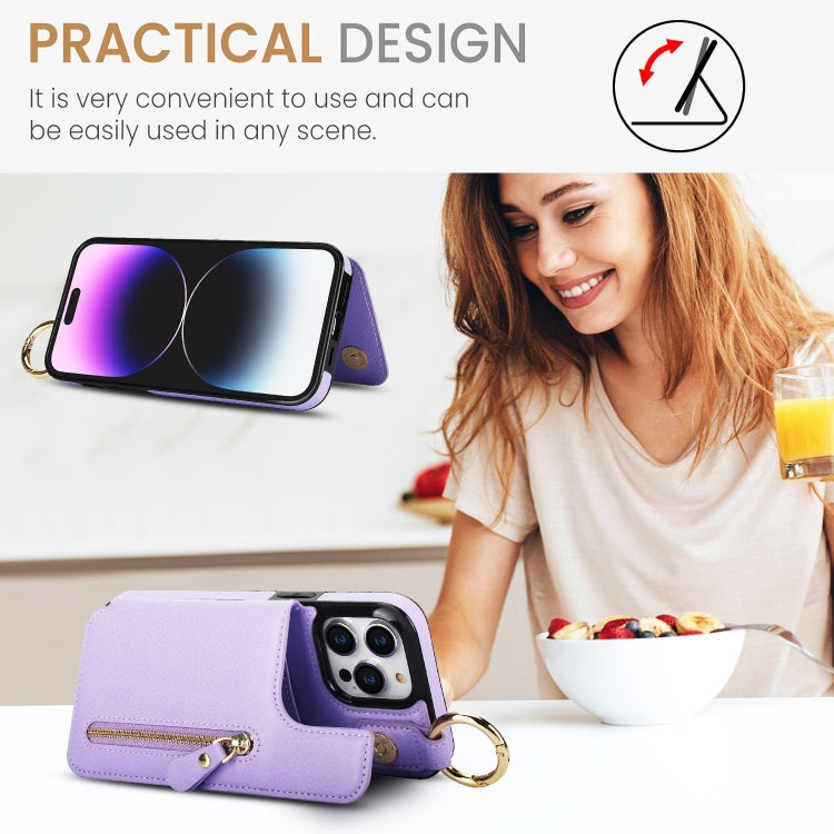 For iPhone 14 Pro Litchi Texture Zipper Double Buckle Card Bag Phone Case(Purple) - iPhone 14 Pro Cases by buy2fix | Online Shopping UK | buy2fix