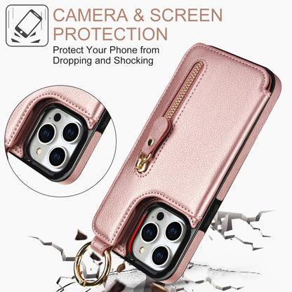 For iPhone 14 Pro Litchi Texture Zipper Double Buckle Card Bag Phone Case(Rose Gold) - iPhone 14 Pro Cases by buy2fix | Online Shopping UK | buy2fix