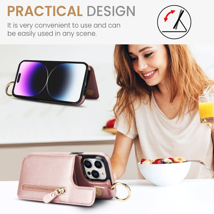 For iPhone 14 Pro Litchi Texture Zipper Double Buckle Card Bag Phone Case(Rose Gold) - iPhone 14 Pro Cases by buy2fix | Online Shopping UK | buy2fix