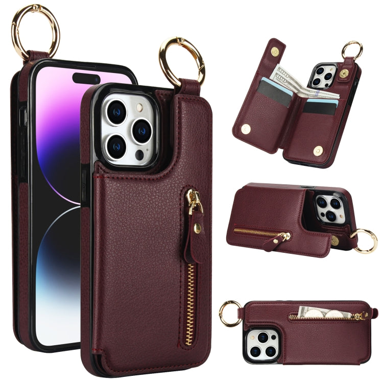 For iPhone 14 Pro Litchi Texture Zipper Double Buckle Card Bag Phone Case(Maroon Red) - iPhone 14 Pro Cases by buy2fix | Online Shopping UK | buy2fix