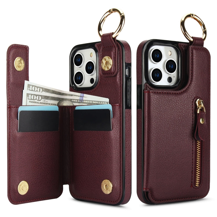 For iPhone 14 Pro Litchi Texture Zipper Double Buckle Card Bag Phone Case(Maroon Red) - iPhone 14 Pro Cases by buy2fix | Online Shopping UK | buy2fix