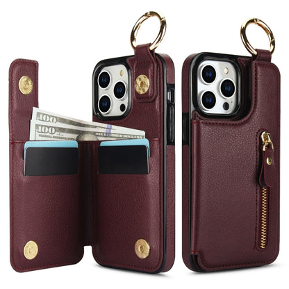 For iPhone 14 Pro Litchi Texture Zipper Double Buckle Card Bag Phone Case(Maroon Red) - iPhone 14 Pro Cases by buy2fix | Online Shopping UK | buy2fix