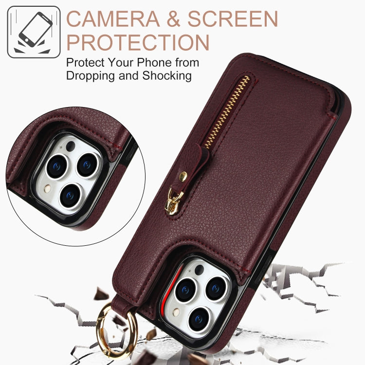For iPhone 14 Pro Litchi Texture Zipper Double Buckle Card Bag Phone Case(Maroon Red) - iPhone 14 Pro Cases by buy2fix | Online Shopping UK | buy2fix