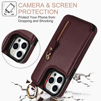 For iPhone 14 Pro Litchi Texture Zipper Double Buckle Card Bag Phone Case(Maroon Red) - iPhone 14 Pro Cases by buy2fix | Online Shopping UK | buy2fix