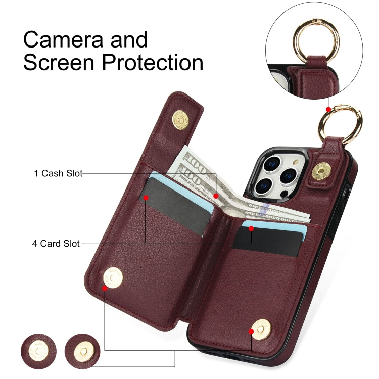 For iPhone 14 Pro Litchi Texture Zipper Double Buckle Card Bag Phone Case(Maroon Red) - iPhone 14 Pro Cases by buy2fix | Online Shopping UK | buy2fix