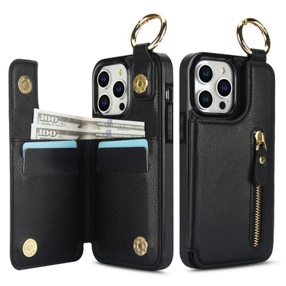 For iPhone 14 Pro Litchi Texture Zipper Double Buckle Card Bag Phone Case(Black) - iPhone 14 Pro Cases by buy2fix | Online Shopping UK | buy2fix