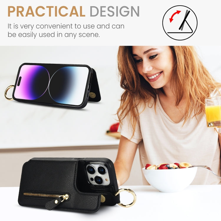 For iPhone 14 Pro Litchi Texture Zipper Double Buckle Card Bag Phone Case(Black) - iPhone 14 Pro Cases by buy2fix | Online Shopping UK | buy2fix
