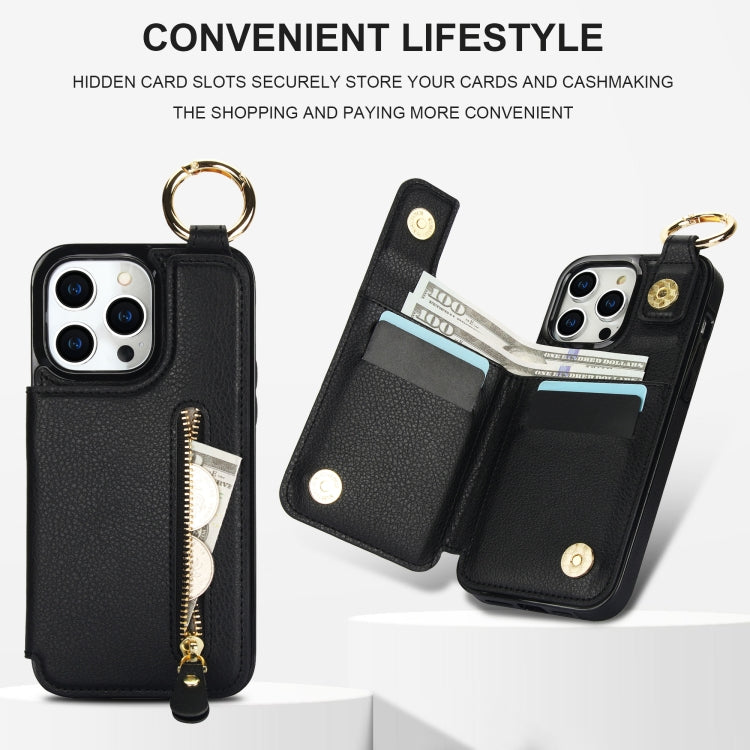 For iPhone 14 Pro Litchi Texture Zipper Double Buckle Card Bag Phone Case(Black) - iPhone 14 Pro Cases by buy2fix | Online Shopping UK | buy2fix