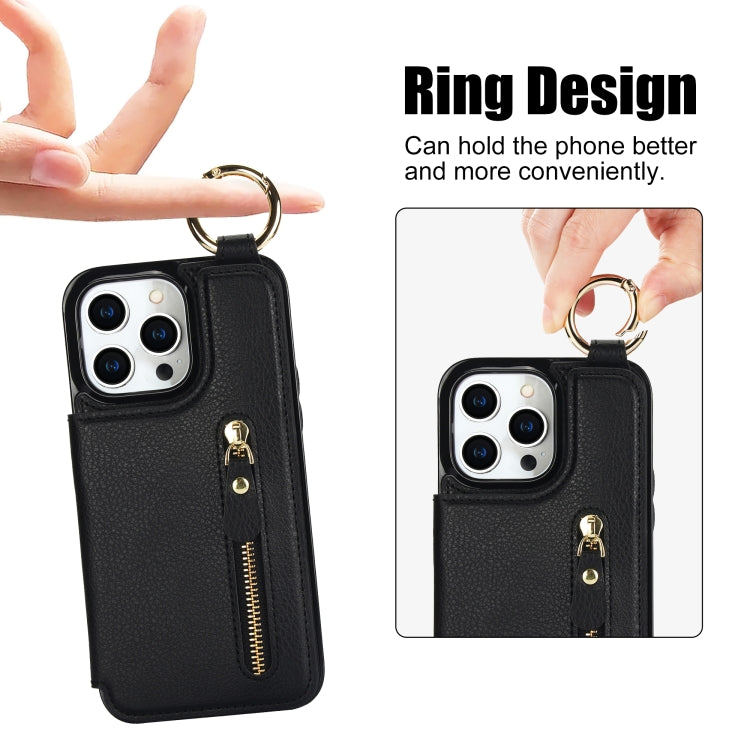For iPhone 14 Pro Litchi Texture Zipper Double Buckle Card Bag Phone Case(Black) - iPhone 14 Pro Cases by buy2fix | Online Shopping UK | buy2fix