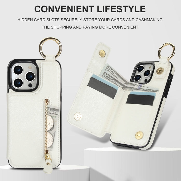 For iPhone 14 Pro Litchi Texture Zipper Double Buckle Card Bag Phone Case(White) - iPhone 14 Pro Cases by buy2fix | Online Shopping UK | buy2fix