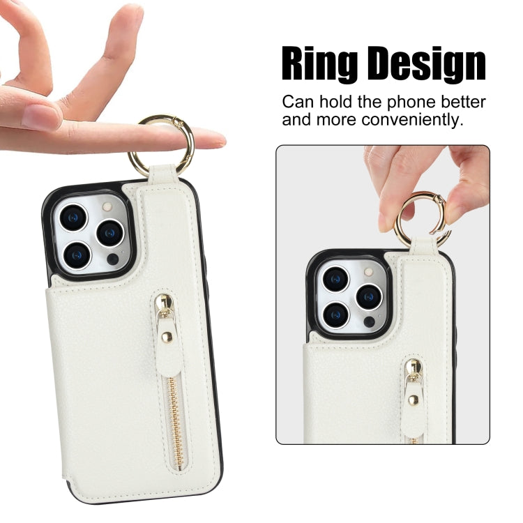 For iPhone 14 Pro Litchi Texture Zipper Double Buckle Card Bag Phone Case(White) - iPhone 14 Pro Cases by buy2fix | Online Shopping UK | buy2fix