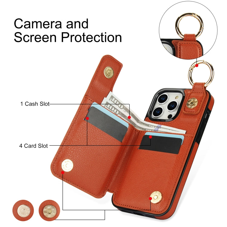 For iPhone 14 Pro Max Litchi Texture Zipper Double Buckle Card Bag Phone Case(Brown) - iPhone 14 Pro Max Cases by buy2fix | Online Shopping UK | buy2fix