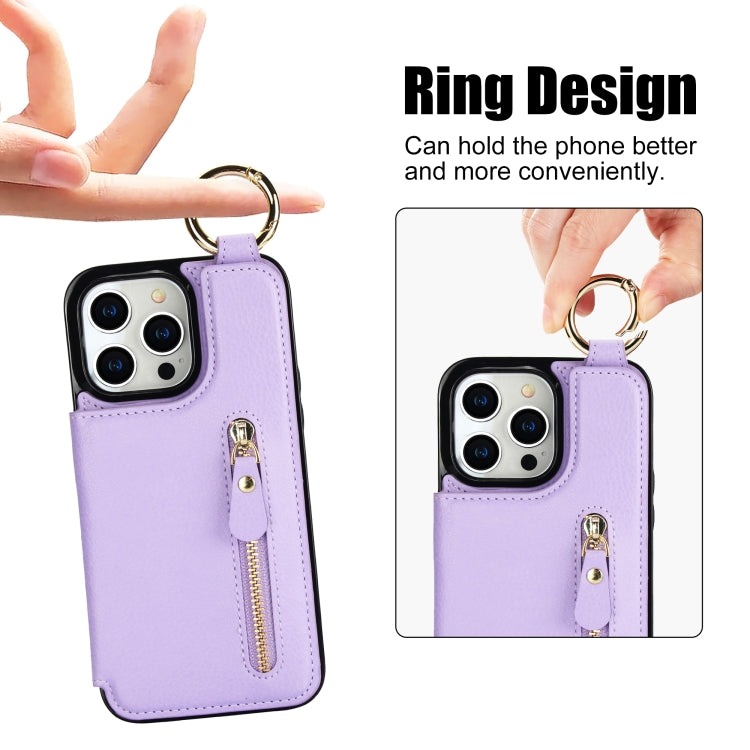For iPhone 14 Pro Max Litchi Texture Zipper Double Buckle Card Bag Phone Case(Purple) - iPhone 14 Pro Max Cases by buy2fix | Online Shopping UK | buy2fix