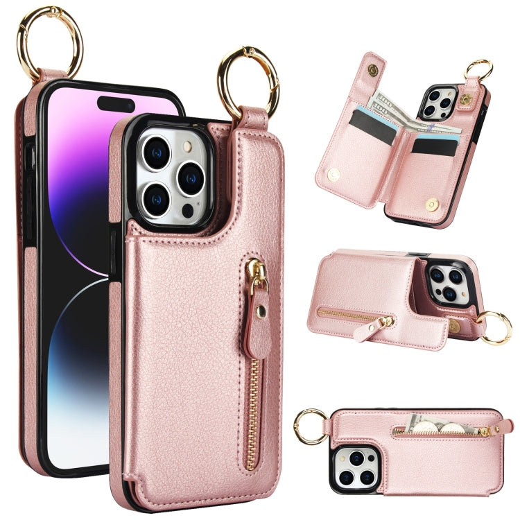 For iPhone 14 Pro Max Litchi Texture Zipper Double Buckle Card Bag Phone Case(Rose Gold) - iPhone 14 Pro Max Cases by buy2fix | Online Shopping UK | buy2fix