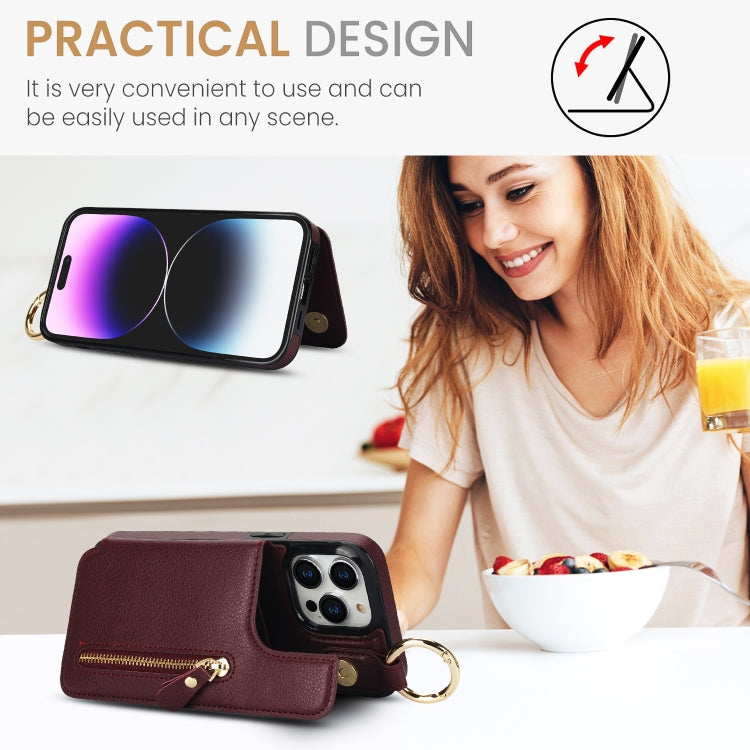 For iPhone 14 Pro Max Litchi Texture Zipper Double Buckle Card Bag Phone Case(Maroon Red) - iPhone 14 Pro Max Cases by buy2fix | Online Shopping UK | buy2fix