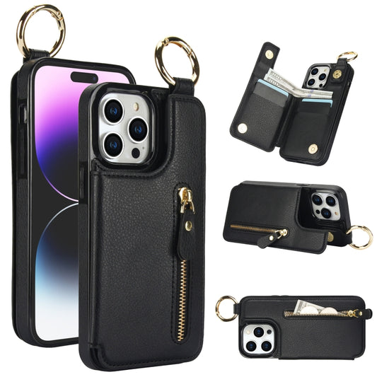 For iPhone 14 Pro Max Litchi Texture Zipper Double Buckle Card Bag Phone Case(Black) - iPhone 14 Pro Max Cases by buy2fix | Online Shopping UK | buy2fix