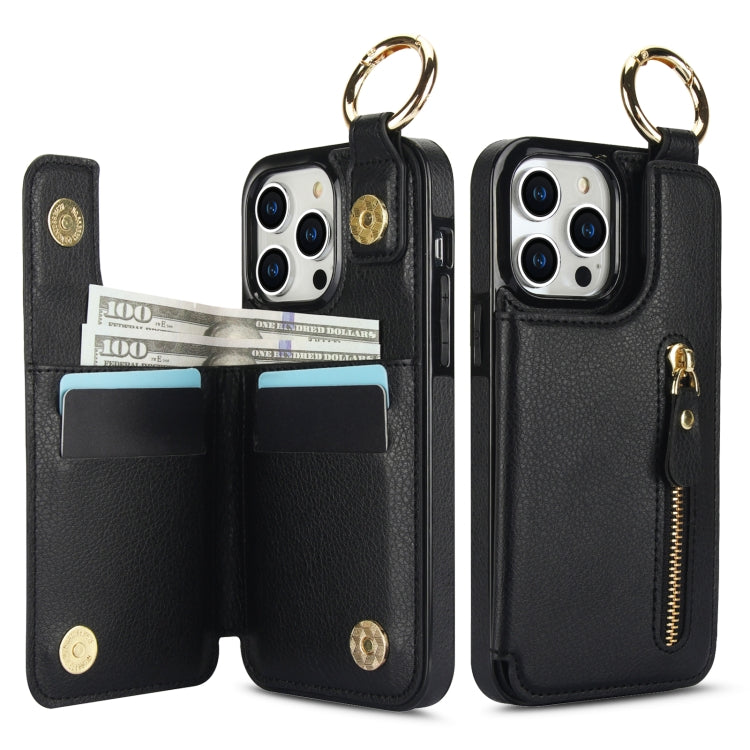 For iPhone 14 Pro Max Litchi Texture Zipper Double Buckle Card Bag Phone Case(Black) - iPhone 14 Pro Max Cases by buy2fix | Online Shopping UK | buy2fix